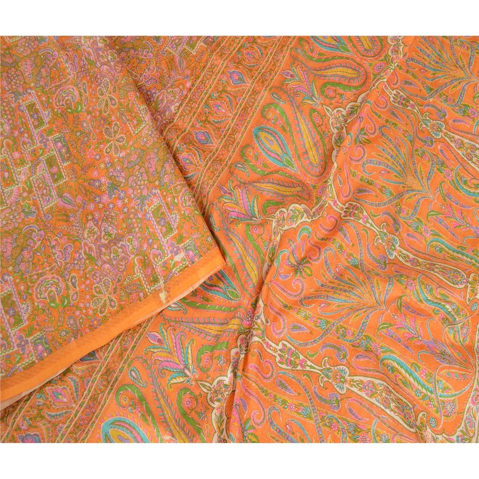 Sanskriti Vintage Sarees Orange Pure Silk Printed Woven Sari 5Yd Craft Fabric, PR-62764-Orange-Pure Silk-2