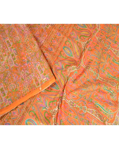 Sanskriti Vintage Sarees Orange Pure Silk Printed Woven Sari 5Yd Craft Fabric, PR-62764-Orange-Pure Silk-2