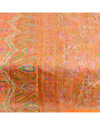 Sanskriti Vintage Sarees Orange Pure Silk Printed Woven Sari 5Yd Craft Fabric, PR-62764-Orange-Pure Silk-3