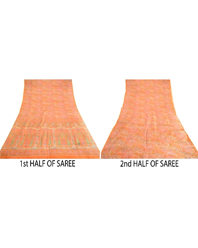 Sanskriti Vintage Sarees Orange Pure Silk Printed Woven Sari 5Yd Craft Fabric, PR-62764-Orange-Pure Silk-4