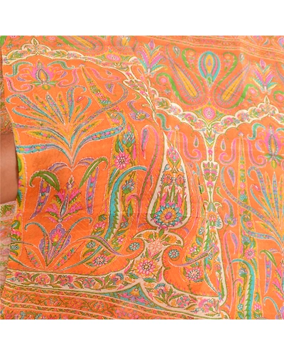 Sanskriti Vintage Sarees Orange Pure Silk Printed Woven Sari 5Yd Craft Fabric, PR-62764-Orange-Pure Silk-5