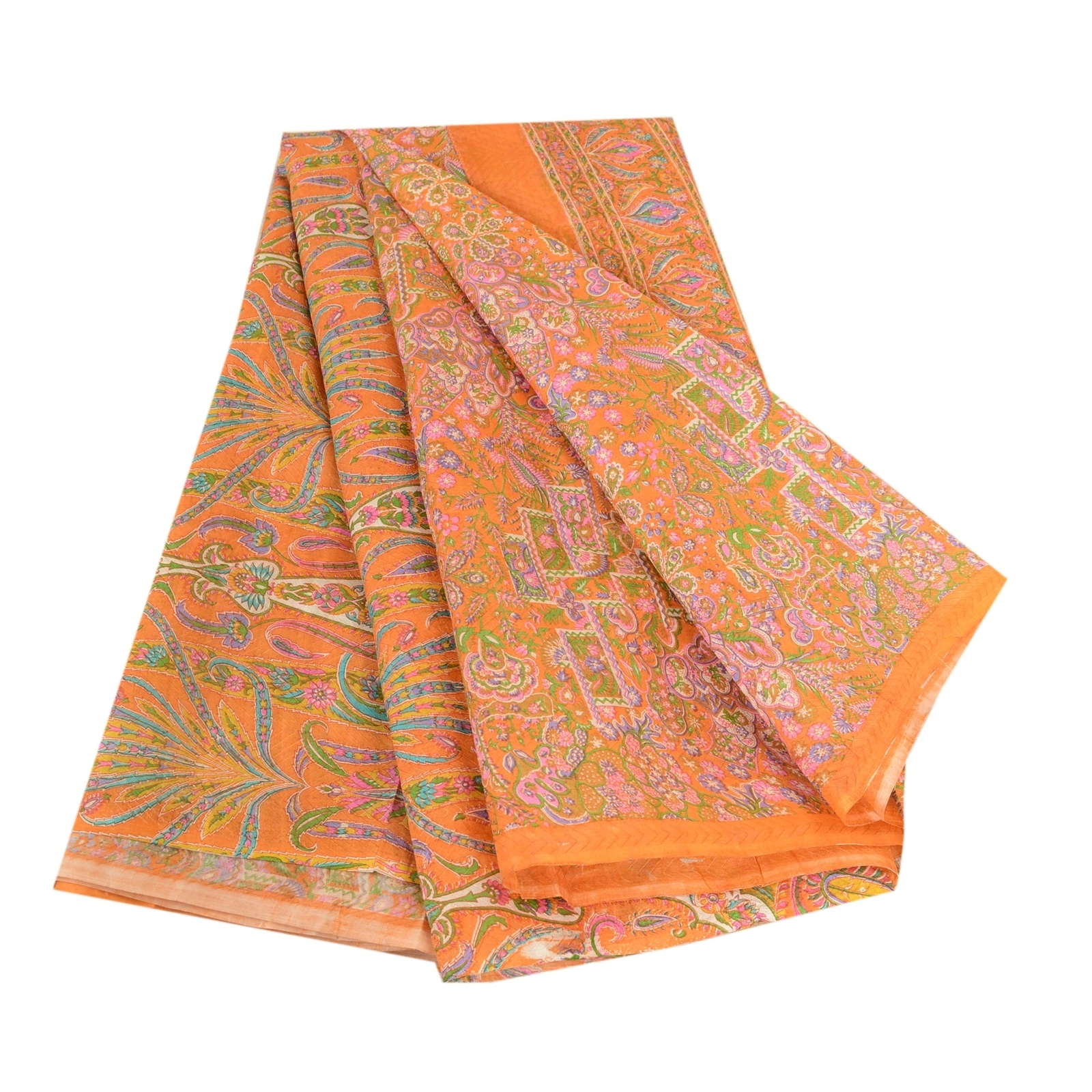 Sanskriti Vintage Sarees Orange Pure Silk Printed Woven Sari 5Yd Craft Fabric, PR-62764-Orange-Pure Silk-6