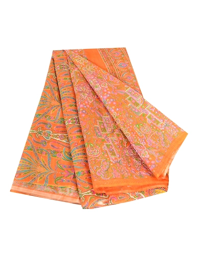 Sanskriti Vintage Sarees Orange Pure Silk Printed Woven Sari 5Yd Craft Fabric, PR-62764-Orange-Pure Silk-6