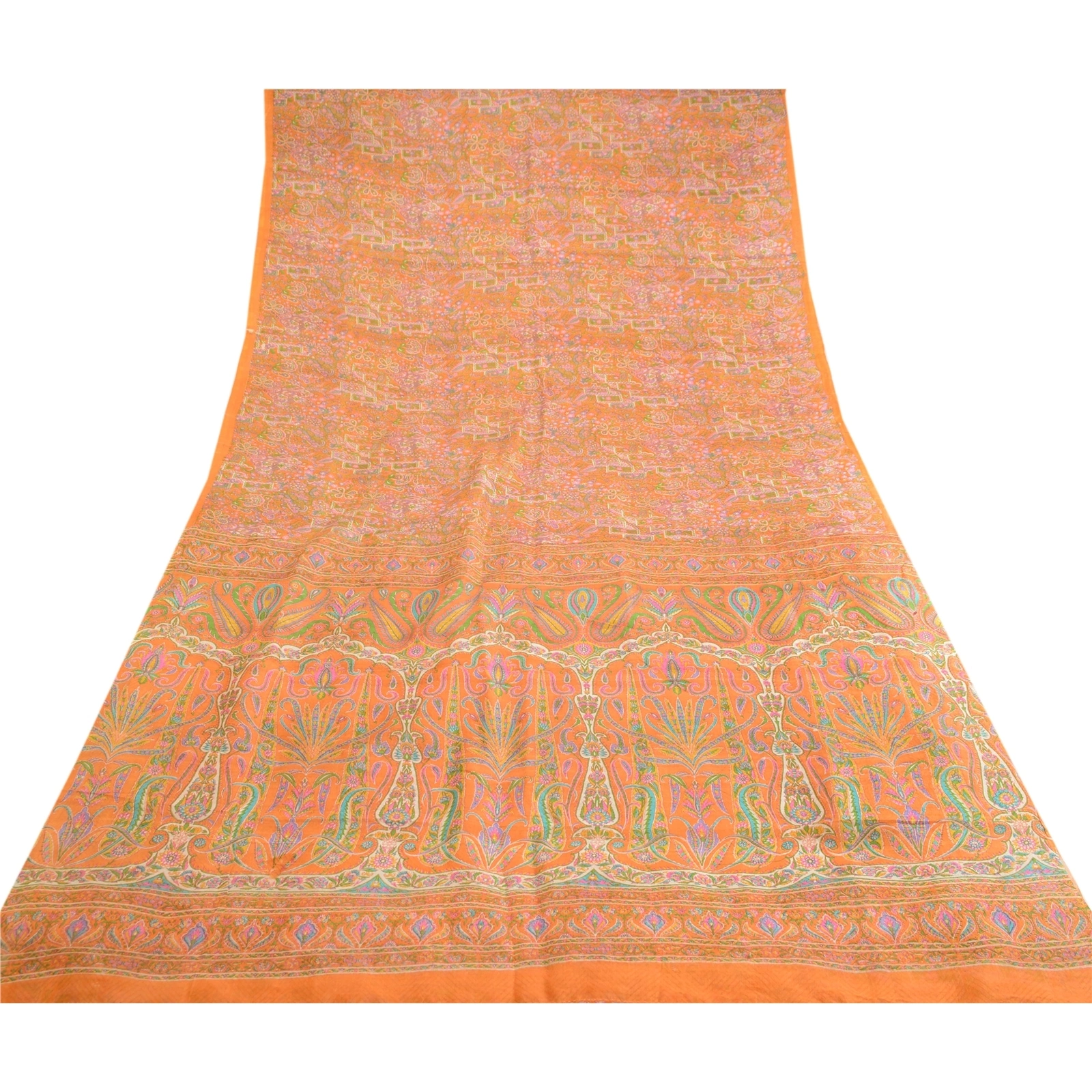 Sanskriti Vintage Sarees Orange Pure Silk Printed Woven Sari 5Yd Craft Fabric, PR-62764-Orange-Pure Silk-7