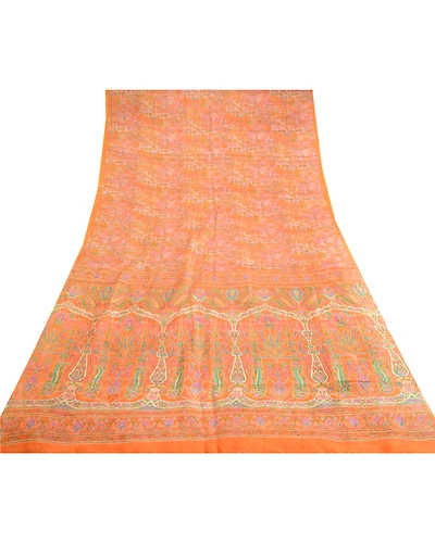 Sanskriti Vintage Sarees Orange Pure Silk Printed Woven Sari 5Yd Craft Fabric, PR-62764-Orange-Pure Silk-7