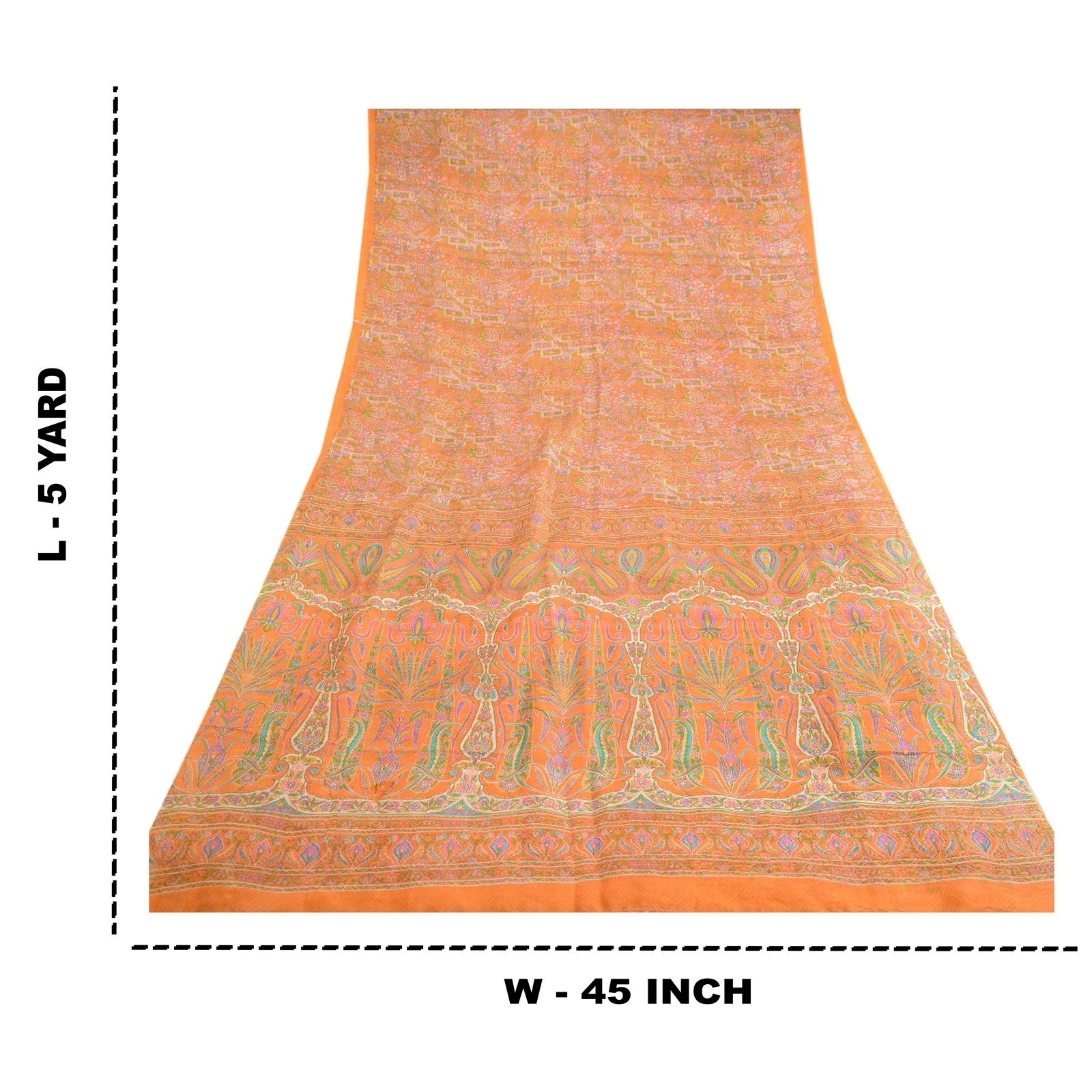 Sanskriti Vintage Sarees Orange Pure Silk Printed Woven Sari 5Yd Craft Fabric, PR-62764-Orange-Pure Silk-8