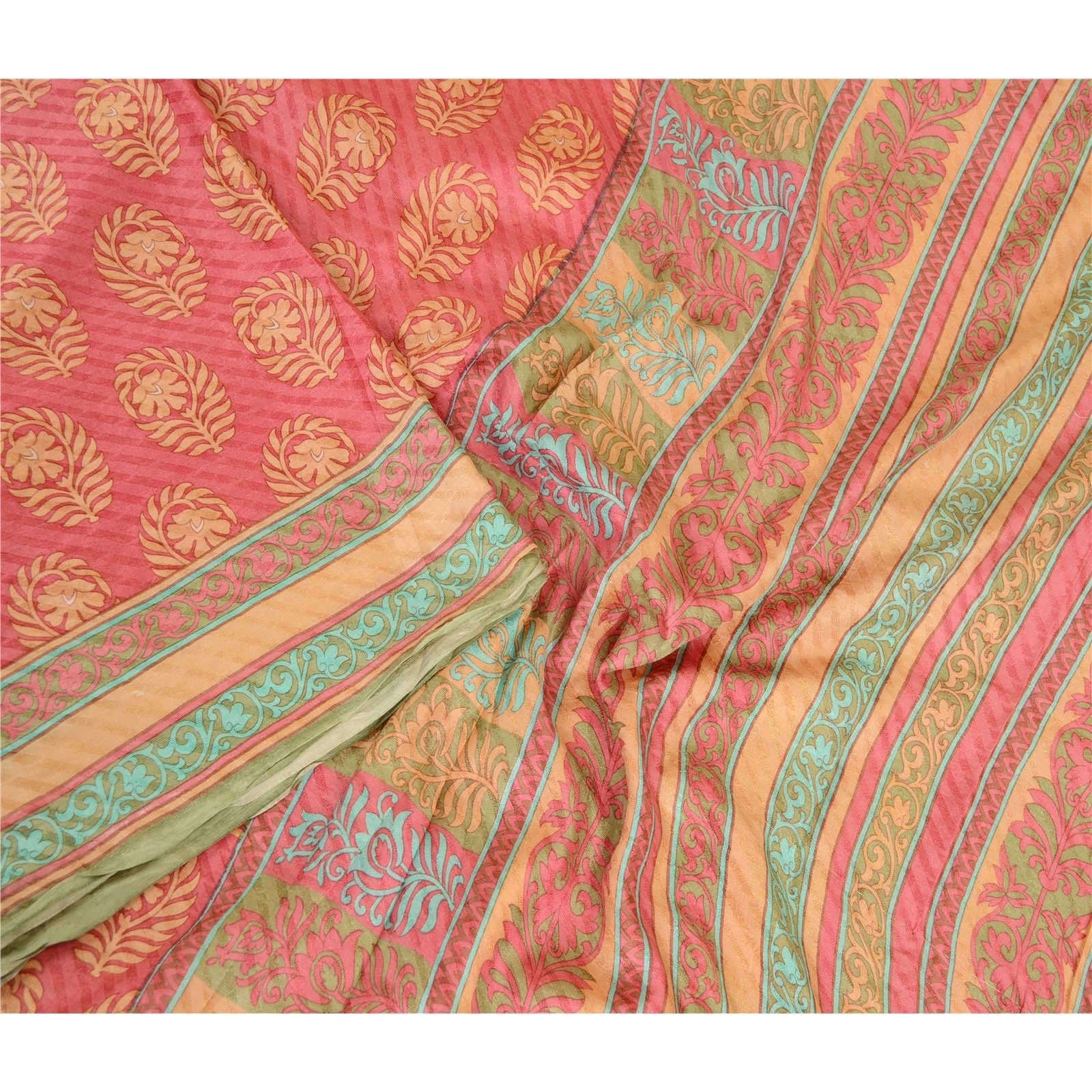 Sanskriti Vintage Sarees Pink Block Printed Pure Silk Sari Soft 5Yd Craft Fabric, PR-62778-Pink-Pure Silk-2