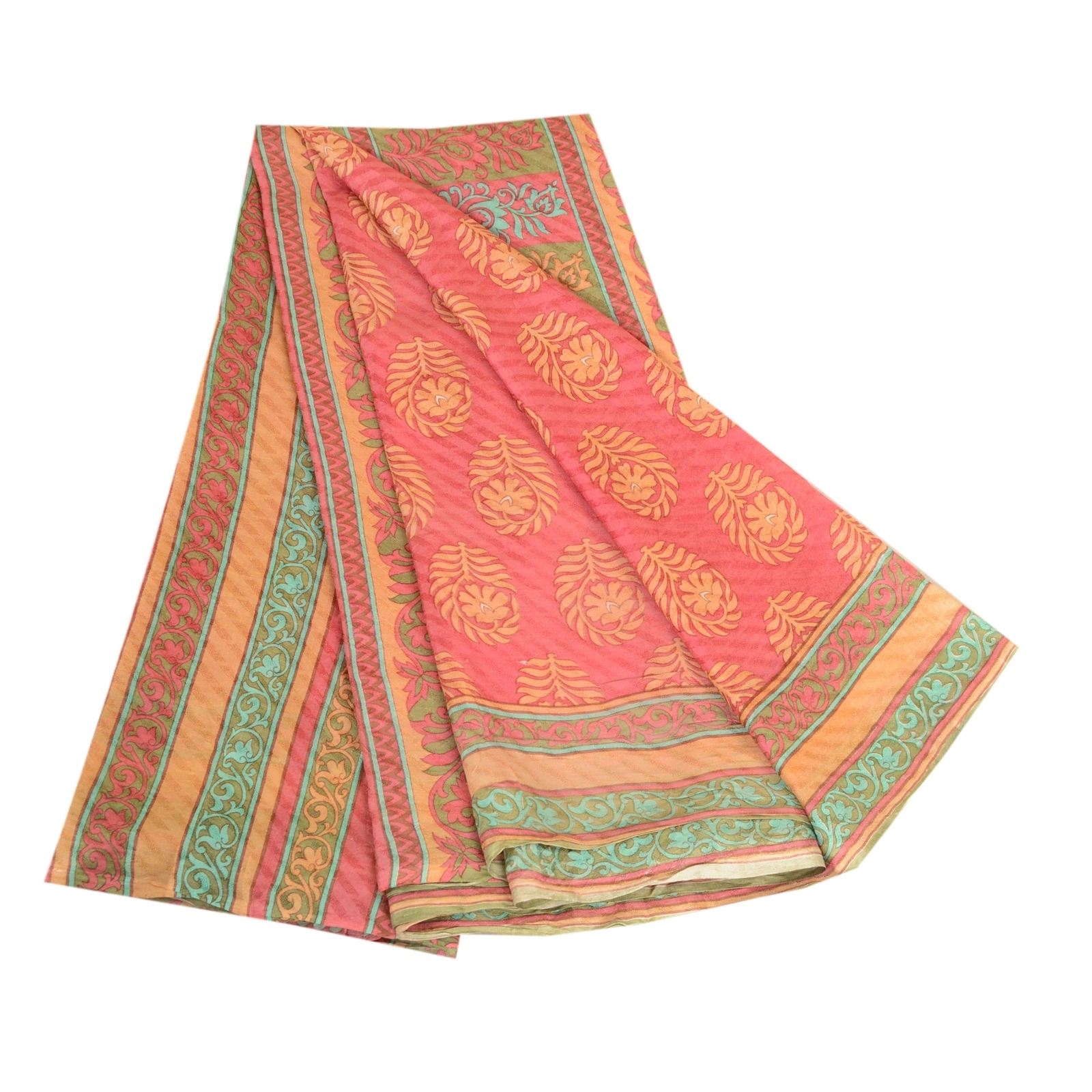 Sanskriti Vintage Sarees Pink Block Printed Pure Silk Sari Soft 5Yd Craft Fabric, PR-62778-Pink-Pure Silk-6