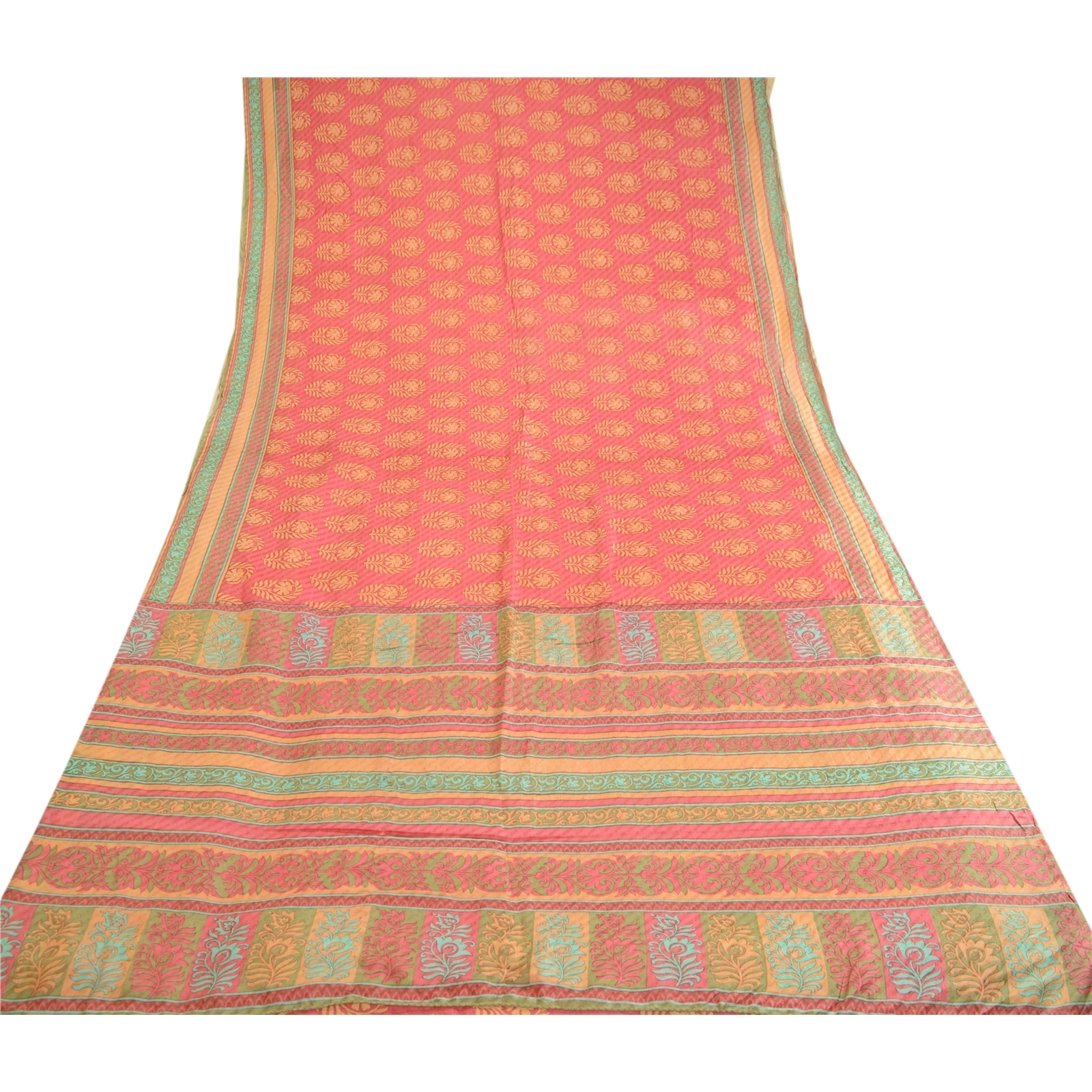 Sanskriti Vintage Sarees Pink Block Printed Pure Silk Sari Soft 5Yd Craft Fabric, PR-62778-Pink-Pure Silk-7