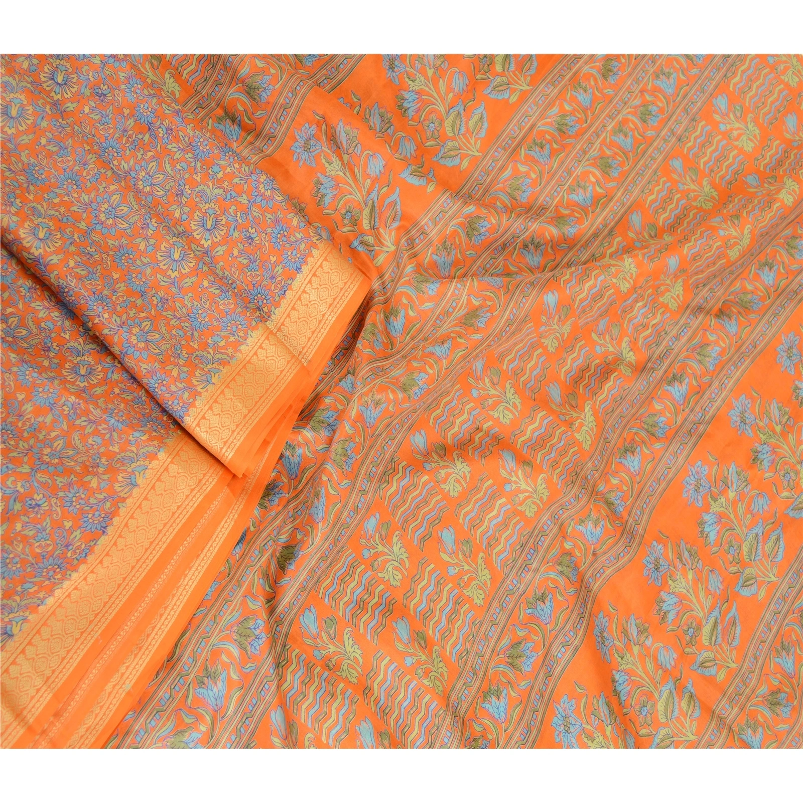 Sanskriti Vintage Sarees Orange Printed Pure Silk Sari Floral Soft Craft Fabric, PR-62779-Orange-Pure Silk-1