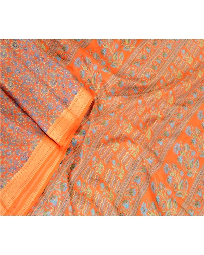 Sanskriti Vintage Sarees Orange Printed Pure Silk Sari Floral Soft Craft Fabric, PR-62779-Orange-Pure Silk-1