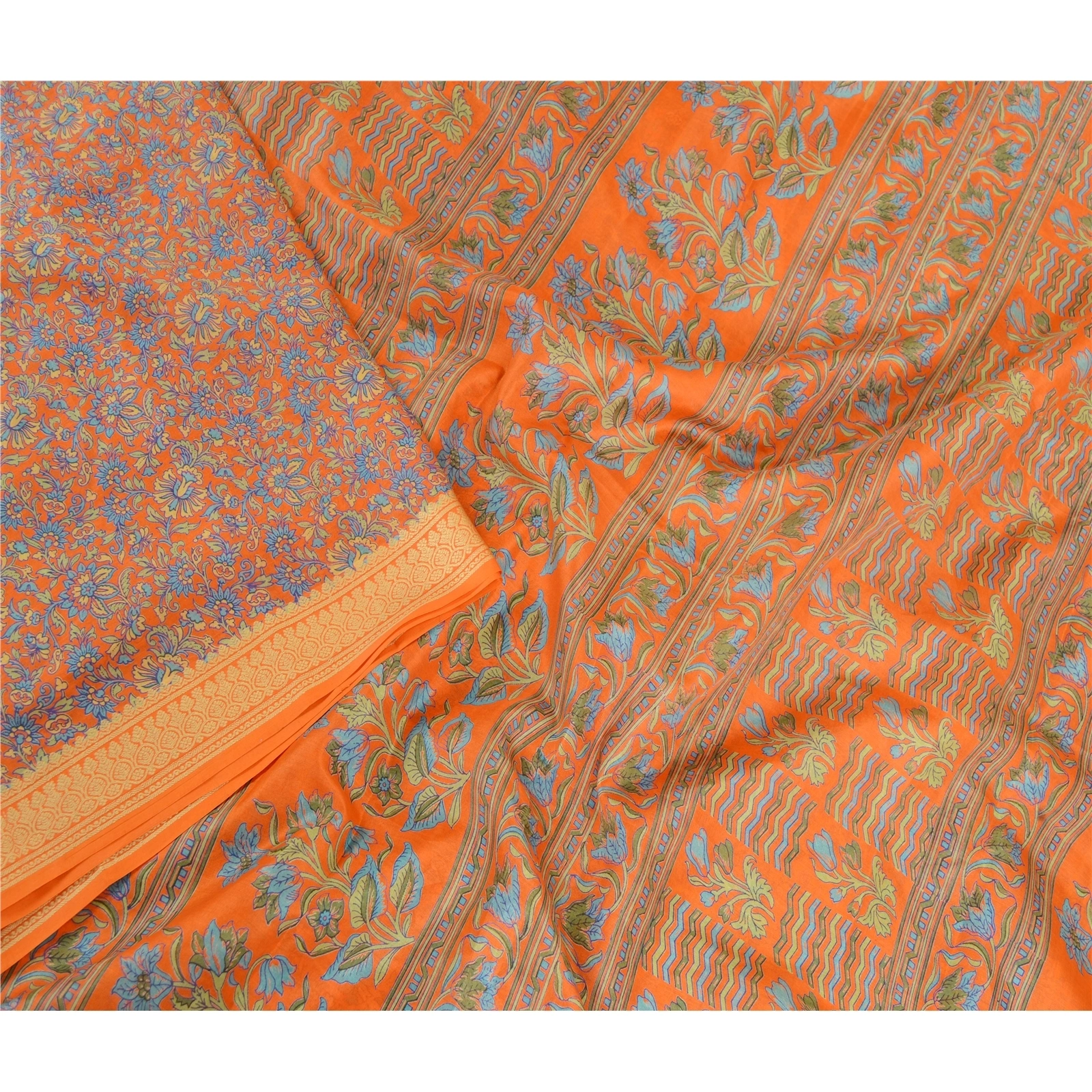 Sanskriti Vintage Sarees Orange Printed Pure Silk Sari Floral Soft Craft Fabric, PR-62779-Orange-Pure Silk-2