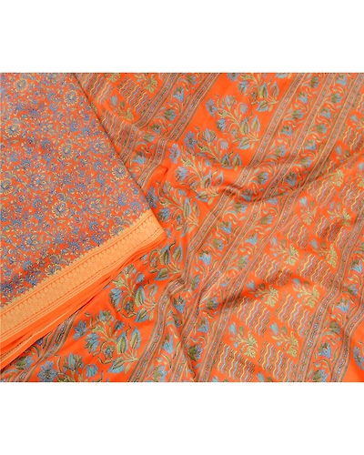 Sanskriti Vintage Sarees Orange Printed Pure Silk Sari Floral Soft Craft Fabric, PR-62779-Orange-Pure Silk-2