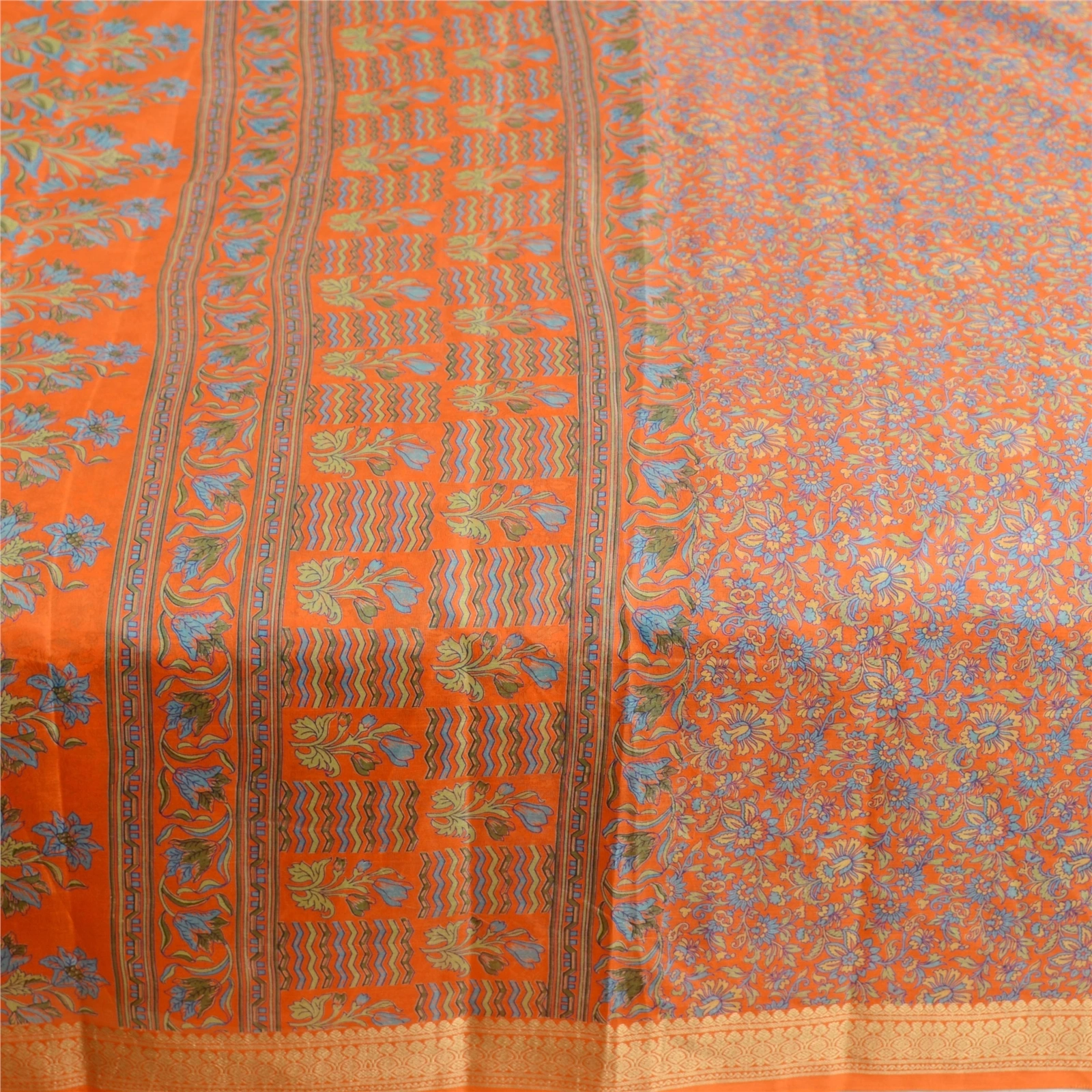 Sanskriti Vintage Sarees Orange Printed Pure Silk Sari Floral Soft Craft Fabric, PR-62779-Orange-Pure Silk-3