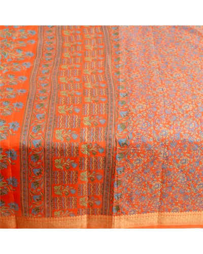 Sanskriti Vintage Sarees Orange Printed Pure Silk Sari Floral Soft Craft Fabric, PR-62779-Orange-Pure Silk-3