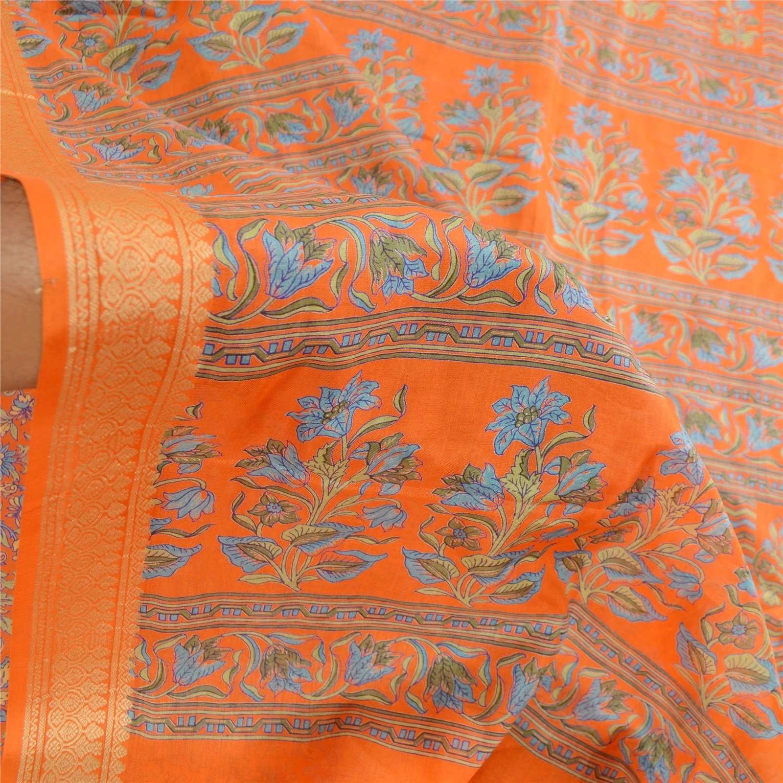 Sanskriti Vintage Sarees Orange Printed Pure Silk Sari Floral Soft Craft Fabric, PR-62779-Orange-Pure Silk-5