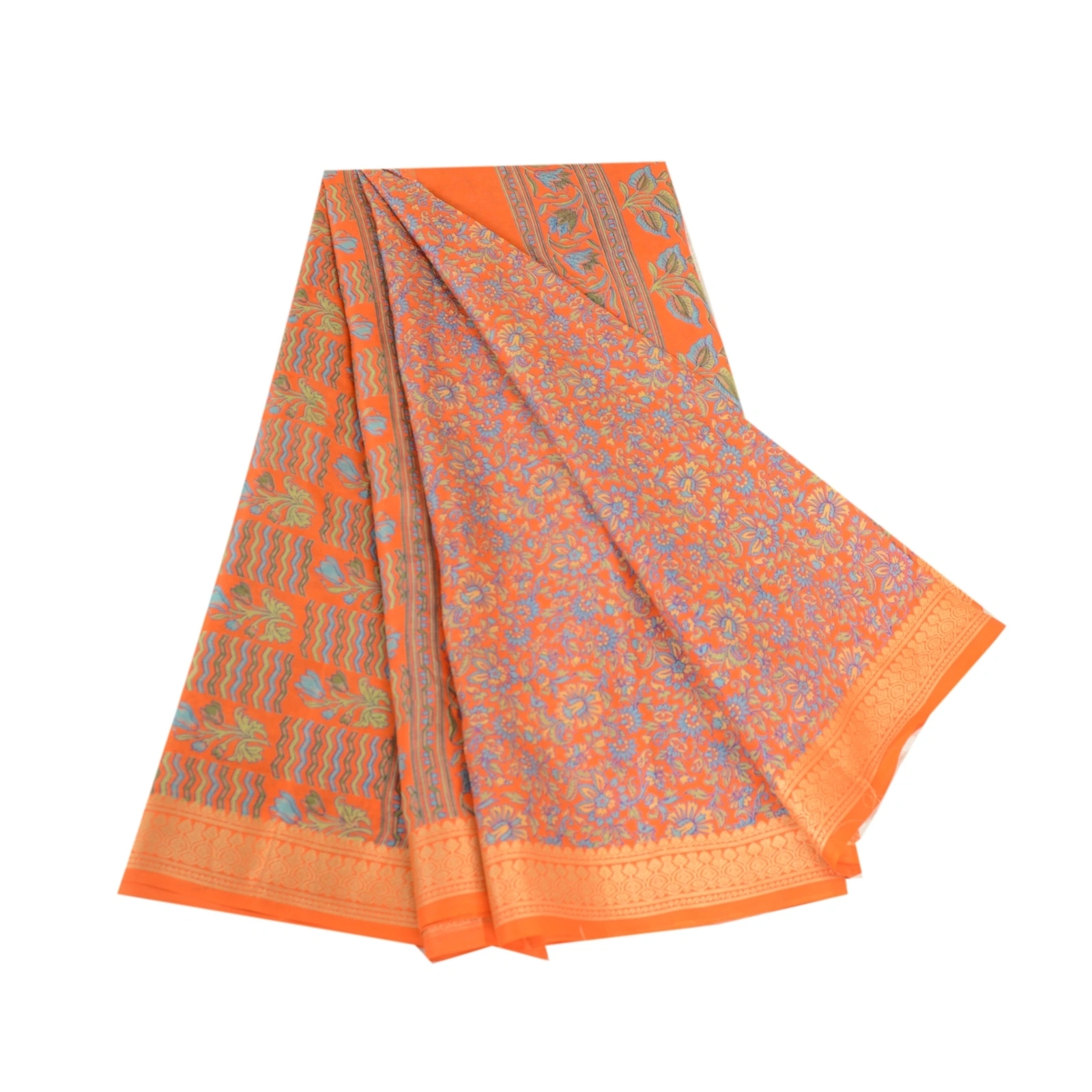 Sanskriti Vintage Sarees Orange Printed Pure Silk Sari Floral Soft Craft Fabric, PR-62779-Orange-Pure Silk-6