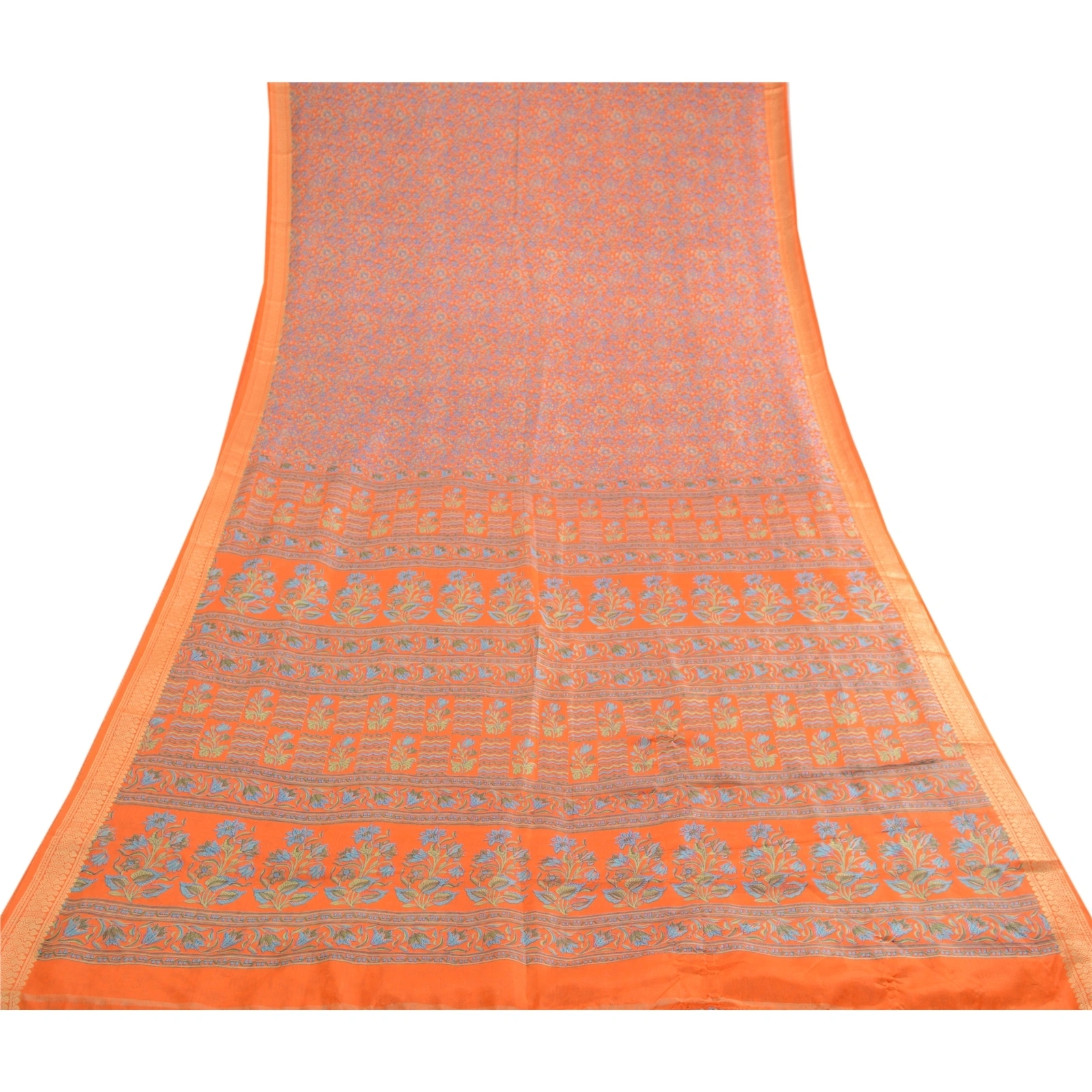 Sanskriti Vintage Sarees Orange Printed Pure Silk Sari Floral Soft Craft Fabric, PR-62779-Orange-Pure Silk-7