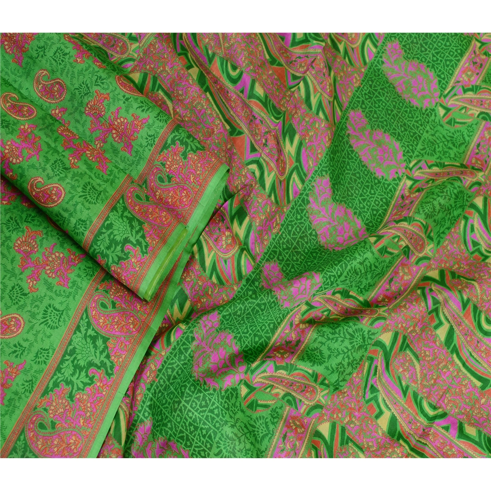 Sanskriti Vintage Sarees From India Green Pure Silk Printed Sari Craft Fabric, PR-62799-Green-Pure Silk-1