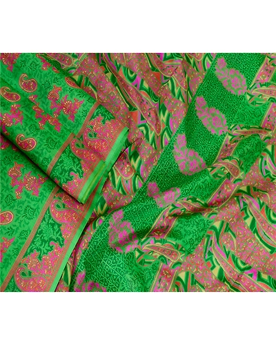 Sanskriti Vintage Sarees From India Green Pure Silk Printed Sari Craft Fabric, PR-62799-Green-Pure Silk-1