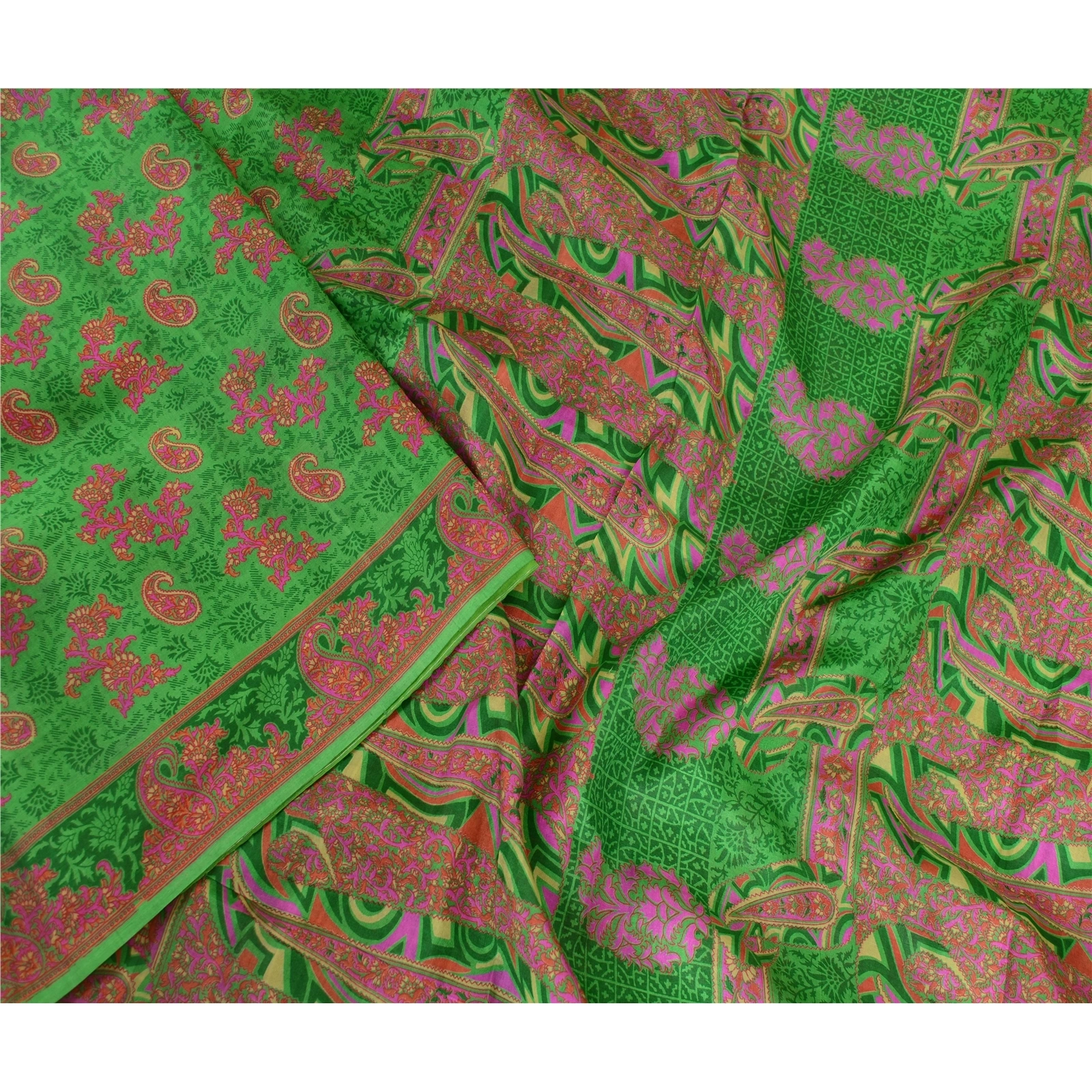 Sanskriti Vintage Sarees From India Green Pure Silk Printed Sari Craft Fabric, PR-62799-Green-Pure Silk-2