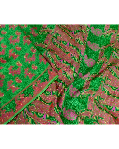 Sanskriti Vintage Sarees From India Green Pure Silk Printed Sari Craft Fabric, PR-62799-Green-Pure Silk-2