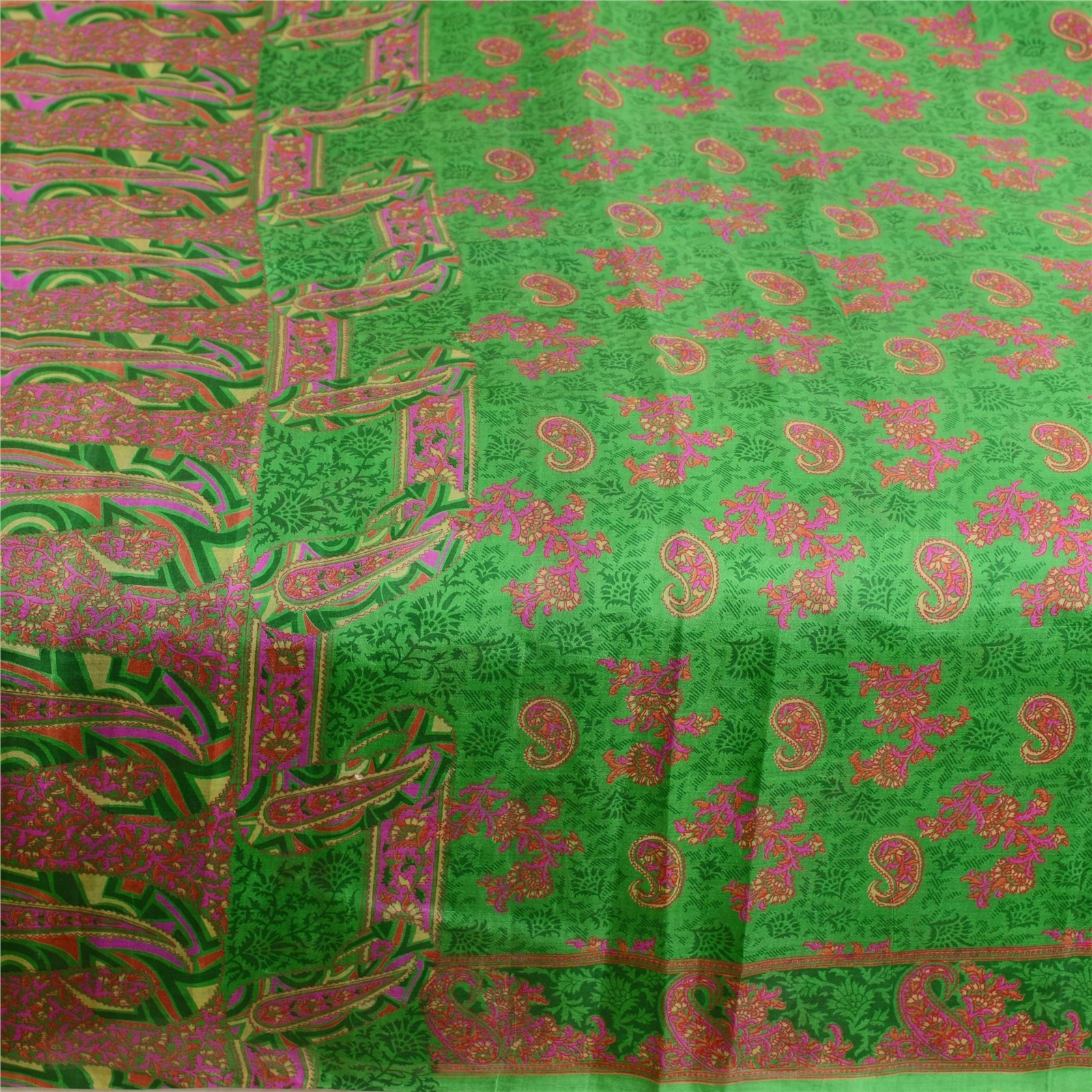 Sanskriti Vintage Sarees From India Green Pure Silk Printed Sari Craft Fabric, PR-62799-Green-Pure Silk-3