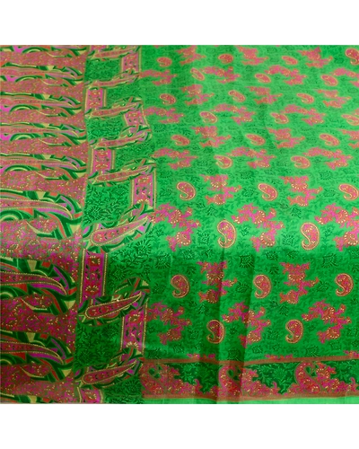 Sanskriti Vintage Sarees From India Green Pure Silk Printed Sari Craft Fabric, PR-62799-Green-Pure Silk-3