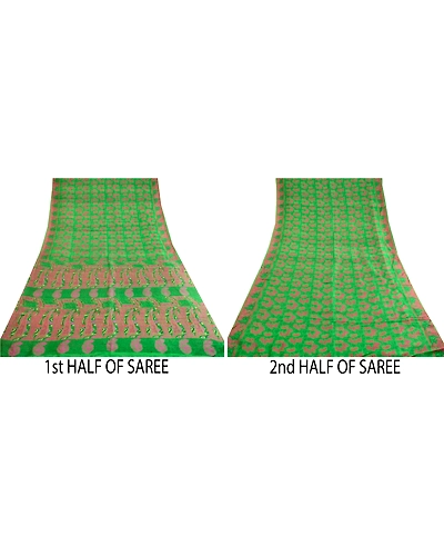 Sanskriti Vintage Sarees From India Green Pure Silk Printed Sari Craft Fabric, PR-62799-Green-Pure Silk-4