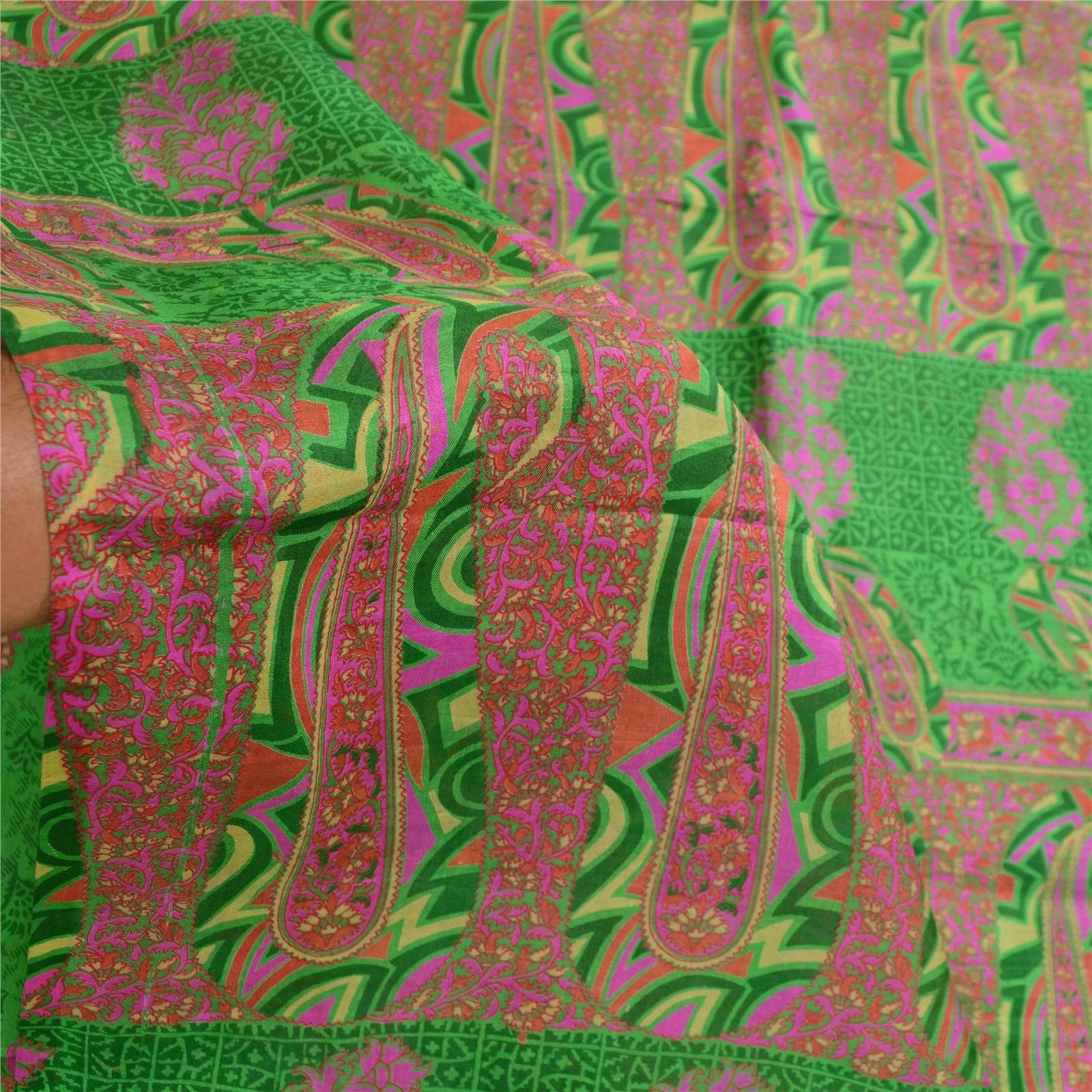 Sanskriti Vintage Sarees From India Green Pure Silk Printed Sari Craft Fabric, PR-62799-Green-Pure Silk-5