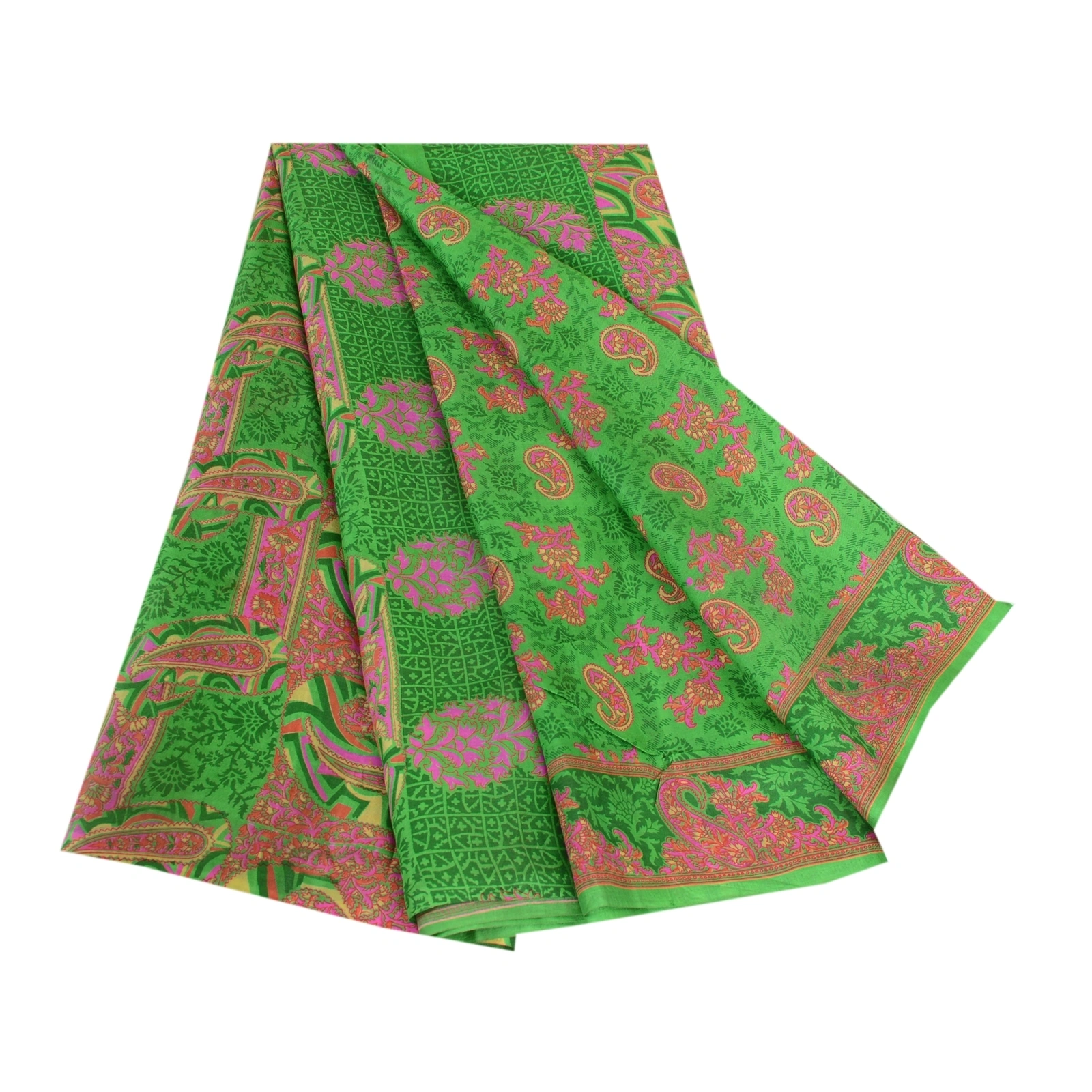 Sanskriti Vintage Sarees From India Green Pure Silk Printed Sari Craft Fabric, PR-62799-Green-Pure Silk-6