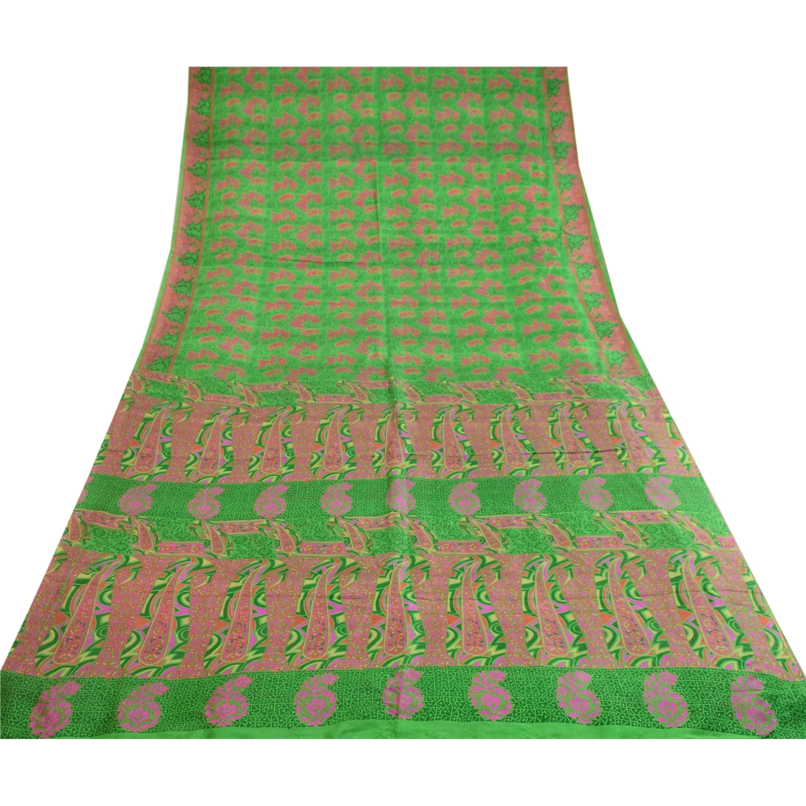 Sanskriti Vintage Sarees From India Green Pure Silk Printed Sari Craft Fabric, PR-62799-Green-Pure Silk-7