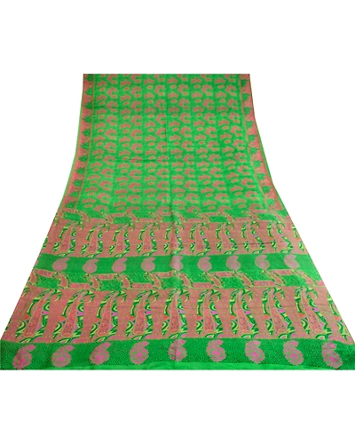 Sanskriti Vintage Sarees From India Green Pure Silk Printed Sari Craft Fabric, PR-62799-Green-Pure Silk-7