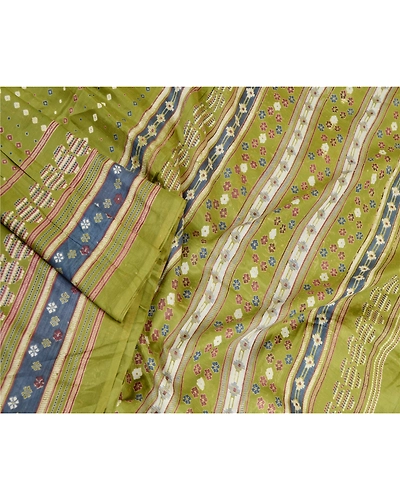 Sanskriti Vintage Sarees From India Green Blend Silk Printed Floral Craft Fabric, PR-62812-Green-Blend Silk-3
