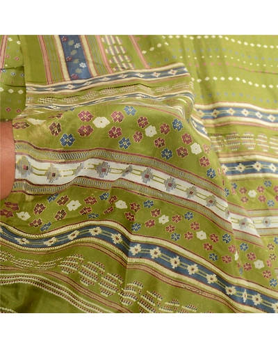 Sanskriti Vintage Sarees From India Green Blend Silk Printed Floral Craft Fabric, PR-62812-Green-Blend Silk-7