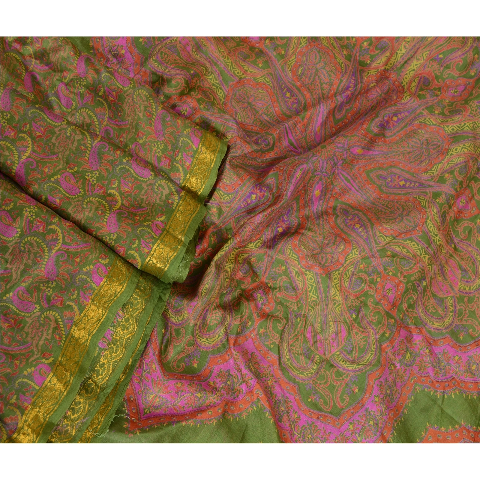 Sanskriti Vintage Sarees Green Zari Border Pure Silk Sari Printed Craft Fabric, PR-62834-Green-Pure Silk-1