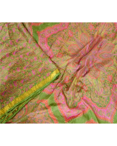 Sanskriti Vintage Sarees Green Zari Border Pure Silk Sari Printed Craft Fabric, PR-62834-Green-Pure Silk-2