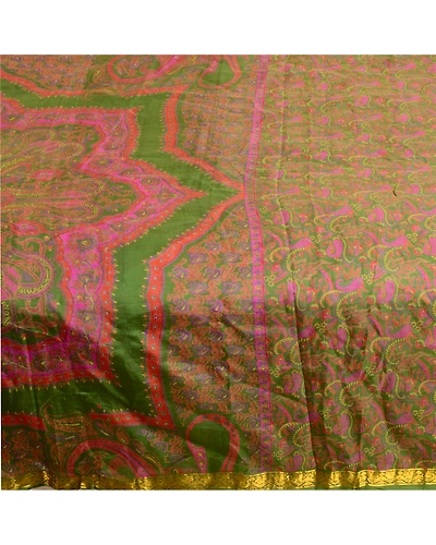Sanskriti Vintage Sarees Green Zari Border Pure Silk Sari Printed Craft Fabric, PR-62834-Green-Pure Silk-3