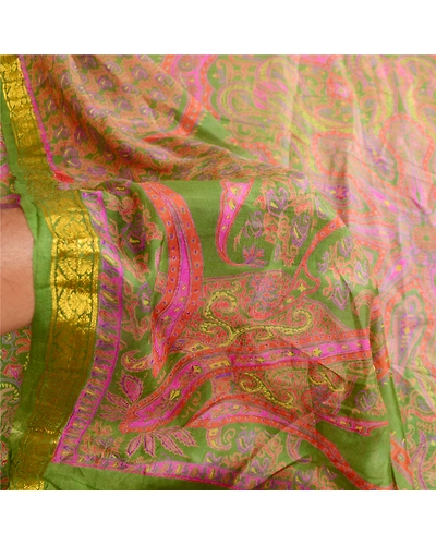Sanskriti Vintage Sarees Green Zari Border Pure Silk Sari Printed Craft Fabric, PR-62834-Green-Pure Silk-5