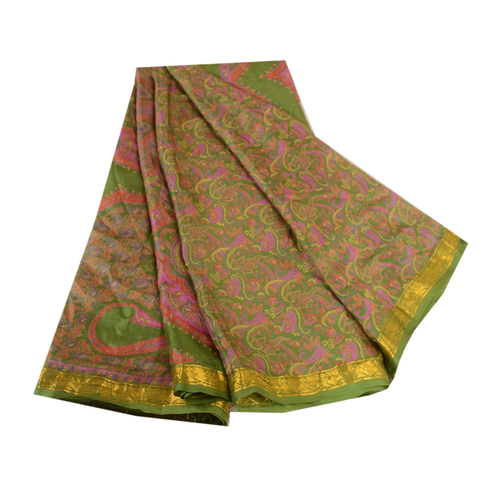 Sanskriti Vintage Sarees Green Zari Border Pure Silk Sari Printed Craft Fabric, PR-62834-Green-Pure Silk-6