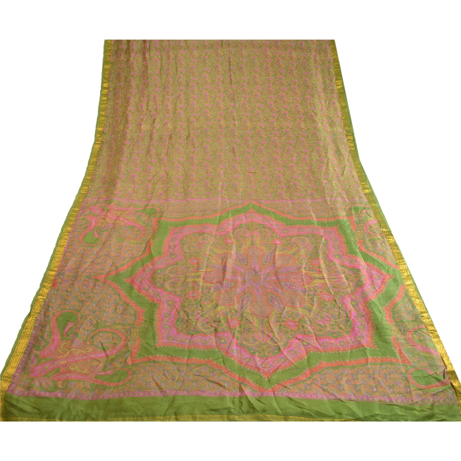 Sanskriti Vintage Sarees Green Zari Border Pure Silk Sari Printed Craft Fabric, PR-62834-Green-Pure Silk-7