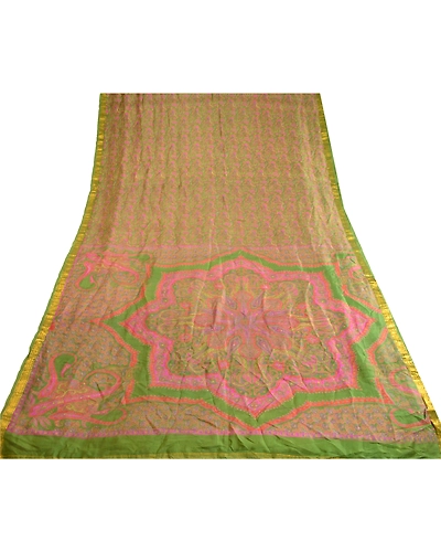Sanskriti Vintage Sarees Green Zari Border Pure Silk Sari Printed Craft Fabric, PR-62834-Green-Pure Silk-7