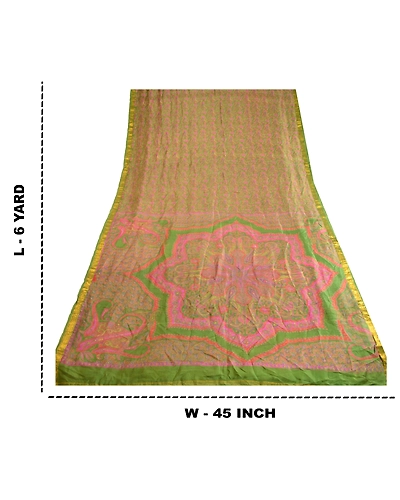 Sanskriti Vintage Sarees Green Zari Border Pure Silk Sari Printed Craft Fabric, PR-62834-Green-Pure Silk-8
