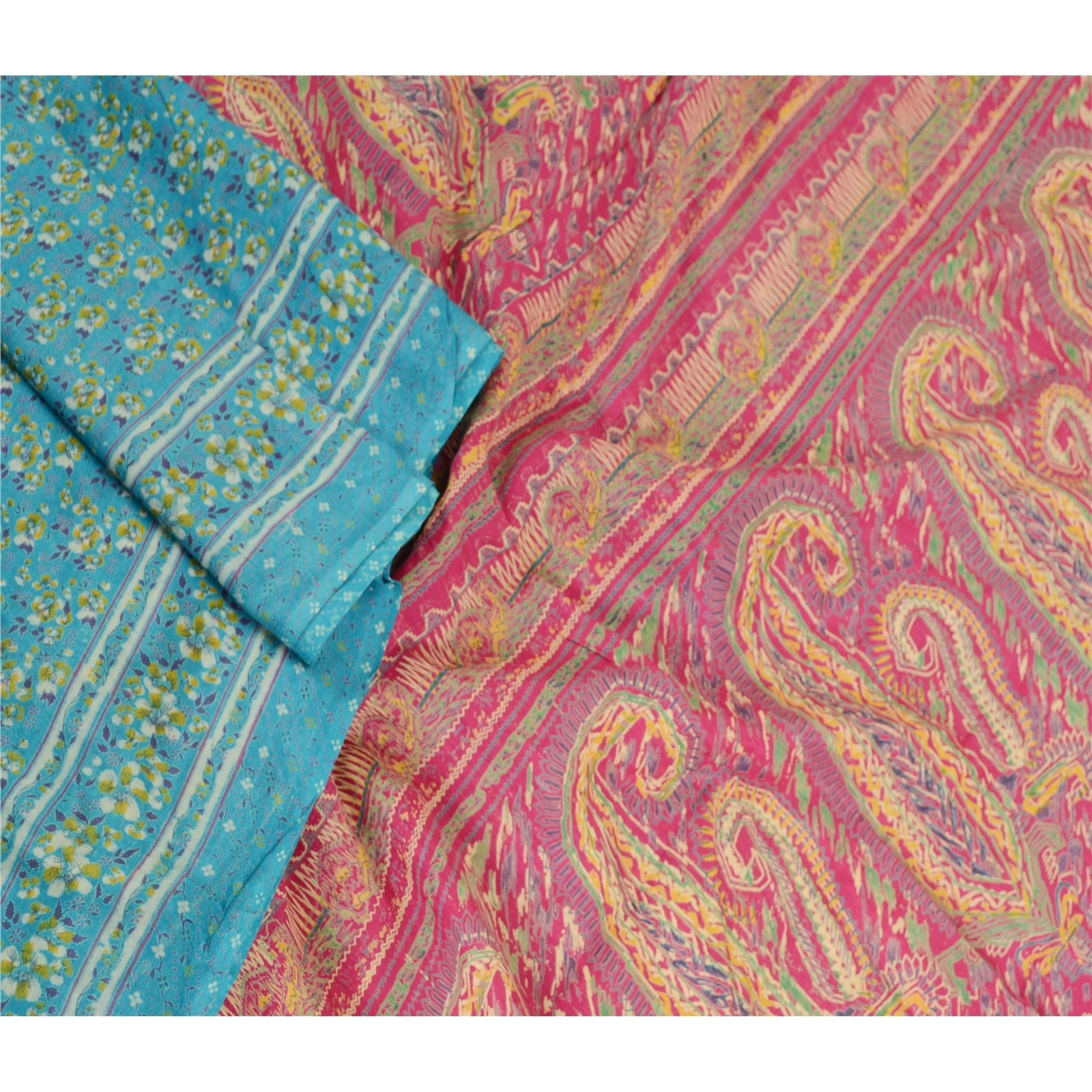 Sanskriti Vintage Sarees Blue Pure Silk Sari Printed Floral Soft Craft Fabric, PR-62835-Blue-Pure Silk-2