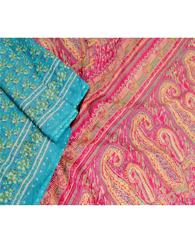 Sanskriti Vintage Sarees Blue Pure Silk Sari Printed Floral Soft Craft Fabric, PR-62835-Blue-Pure Silk-2