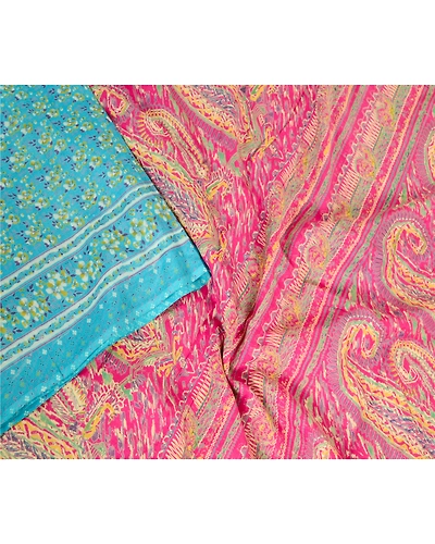 Sanskriti Vintage Sarees Blue Pure Silk Sari Printed Floral Soft Craft Fabric, PR-62835-Blue-Pure Silk-3