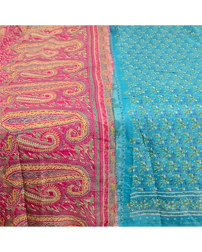 Sanskriti Vintage Sarees Blue Pure Silk Sari Printed Floral Soft Craft Fabric, PR-62835-Blue-Pure Silk-4