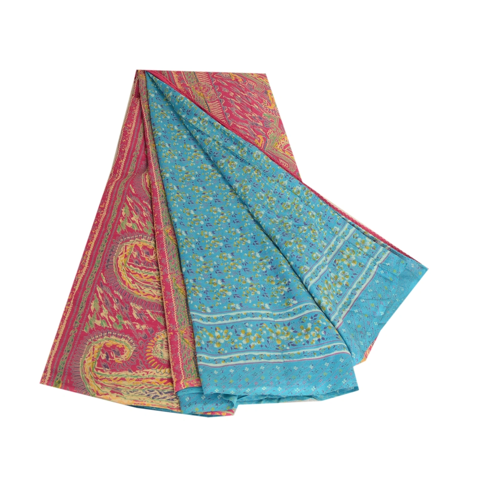 Sanskriti Vintage Sarees Blue Pure Silk Sari Printed Floral Soft Craft Fabric, PR-62835-Blue-Pure Silk-7