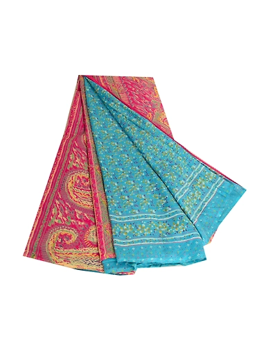 Sanskriti Vintage Sarees Blue Pure Silk Sari Printed Floral Soft Craft Fabric, PR-62835-Blue-Pure Silk-7