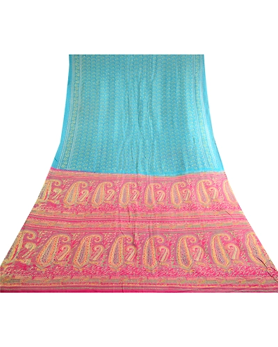 Sanskriti Vintage Sarees Blue Pure Silk Sari Printed Floral Soft Craft Fabric, PR-62835-Blue-Pure Silk-8